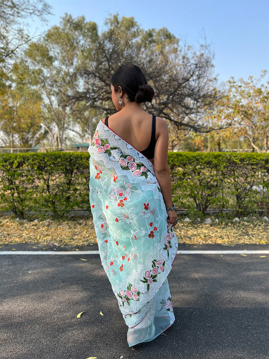 Sea Green Organza Saree With Blouse Piece