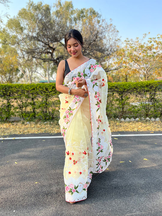 Yellow Organza Saree With Blouse Piece