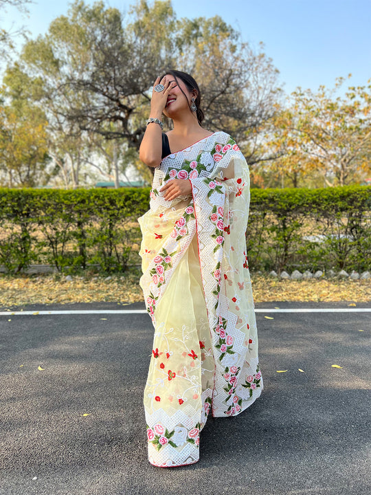 Yellow Organza Saree With Blouse Piece