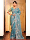 Blue Ethnic Motifs Zari Embroidered Embellished Tissue Saree
