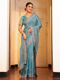 Blue Ethnic Motifs Zari Embroidered Embellished Tissue Saree