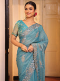 Blue Ethnic Motifs Zari Embroidered Embellished Tissue Saree