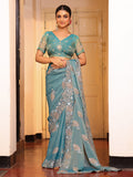 Blue Ethnic Motifs Zari Embroidered Embellished Tissue Saree