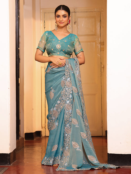 Blue Ethnic Motifs Zari Embroidered Embellished Tissue Saree