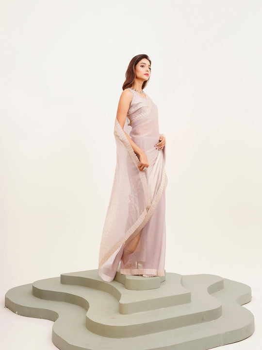 Metallic Grey Embellished Beads And Stones Satin Saree