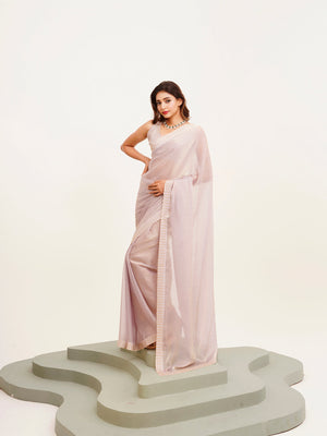 Metallic Grey Embellished Beads And Stones Satin Saree