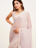 Metallic Grey Embellished Beads And Stones Satin Saree