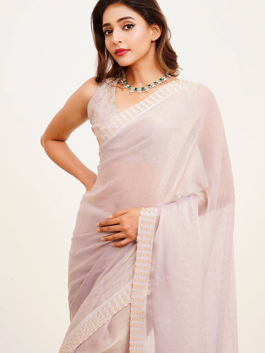 Metallic Grey Embellished Beads And Stones Satin Saree