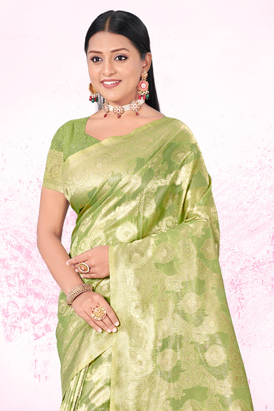 Green Cotton Saree With Blouse Piece