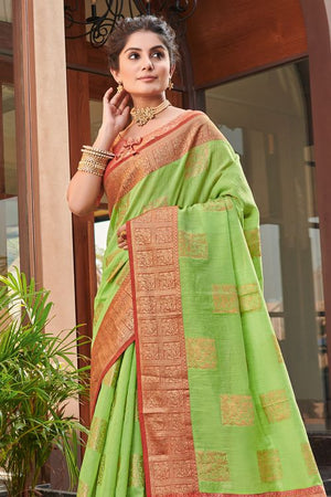 Bright Green Linen Blend Saree