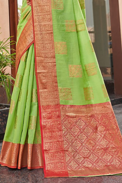 Bright Green Linen Blend Saree