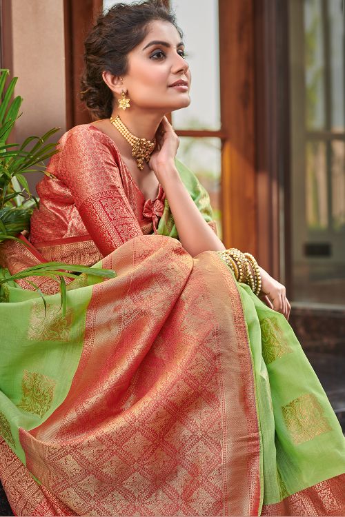 Bright Green Linen Blend Saree