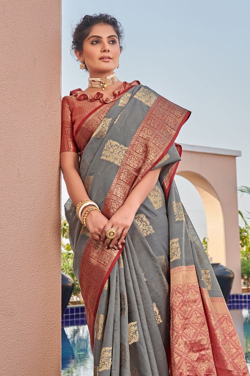 Dark Grey Linen Blend Saree