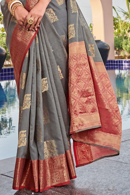 Dark Grey Linen Blend Saree