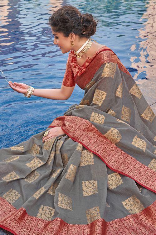 Dark Grey Linen Blend Saree