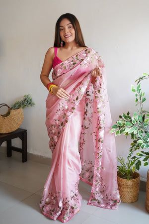 Pink Organza Saree with Maroon Blouse Piece