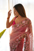 Pink Organza Saree with Maroon Blouse Piece