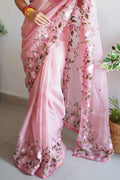 Pink Organza Saree with Maroon Blouse Piece