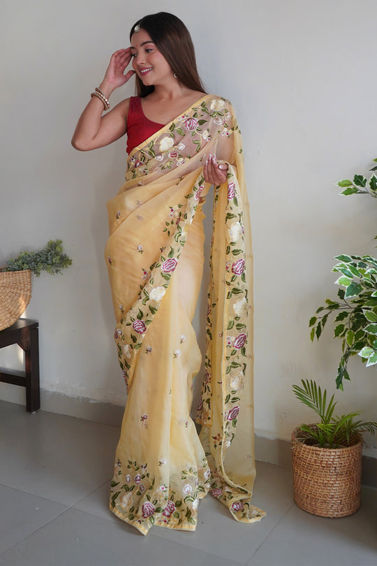 Yellow Organza Saree with Maroon Blouse Piece