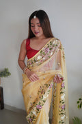 Yellow Organza Saree with Maroon Blouse Piece