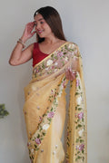 Yellow Organza Saree with Maroon Blouse Piece