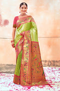 Parrot Green Zari Woven Paithani Silk Saree With Blouse Piece