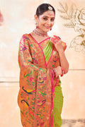 Parrot Green Zari Woven Paithani Silk Saree With Blouse Piece