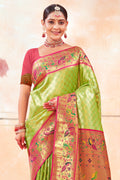 Parrot Green Zari Woven Paithani Silk Saree With Blouse Piece