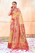 Cream Zari Woven Paithani Silk Saree With Blouse Piece