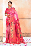 Pink Zari Woven Paithani Silk Saree With Blouse Piece