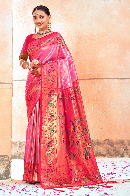 Pink Zari Woven Paithani Silk Saree With Blouse Piece