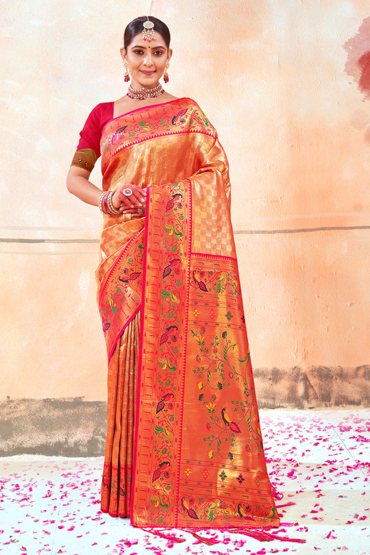 Orange Zari Woven Paithani Silk Saree With Blouse Piece