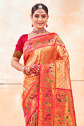 Orange Zari Woven Paithani Silk Saree With Blouse Piece