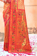 Orange Zari Woven Paithani Silk Saree With Blouse Piece