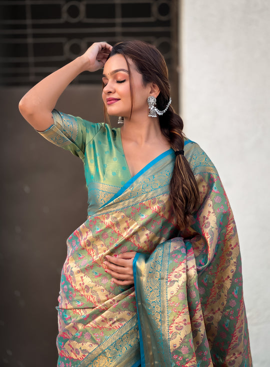 Rama Banarasi Silk Blend Saree With Blouse Piece