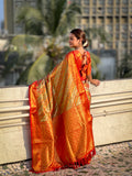 Orange Banarasi Silk Blend Saree With Blouse Piece