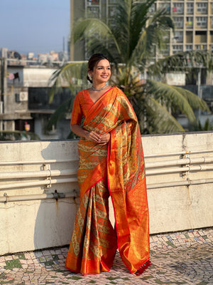 Orange Banarasi Silk Blend Saree With Blouse Piece