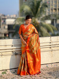 Orange Banarasi Silk Blend Saree With Blouse Piece