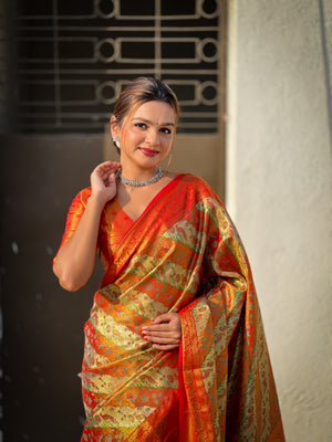 Orange Banarasi Silk Blend Saree With Blouse Piece