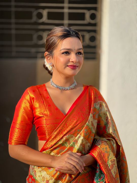 Orange Banarasi Silk Blend Saree With Blouse Piece