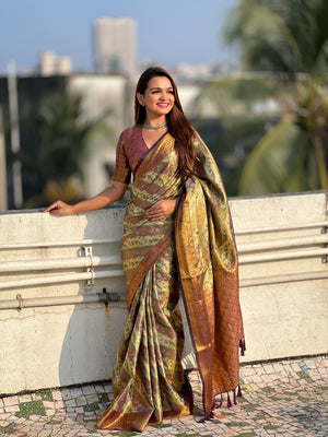 Brown Banarasi Silk Blend Saree With Blouse Piece