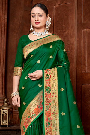 Green Paithani Silk Saree With Blouse Piece