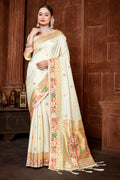 White Paithani Silk Saree With Blouse Piece