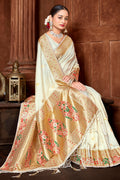 White Paithani Silk Saree With Blouse Piece