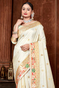 White Paithani Silk Saree With Blouse Piece