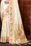 White Paithani Silk Saree With Blouse Piece