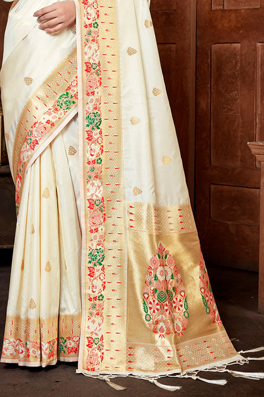 White Paithani Silk Saree With Blouse Piece