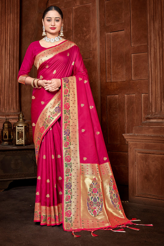 Magenta Paithani Silk Saree With Blouse Piece
