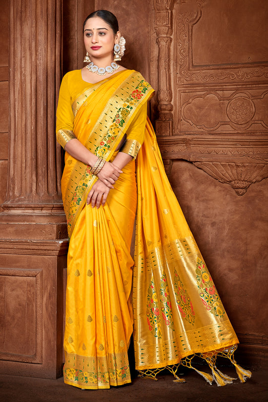 Mustard Paithani Silk Saree With Blouse Piece