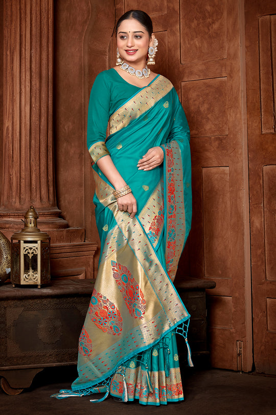 Sea Green Paithani Silk Saree With Blouse Piece